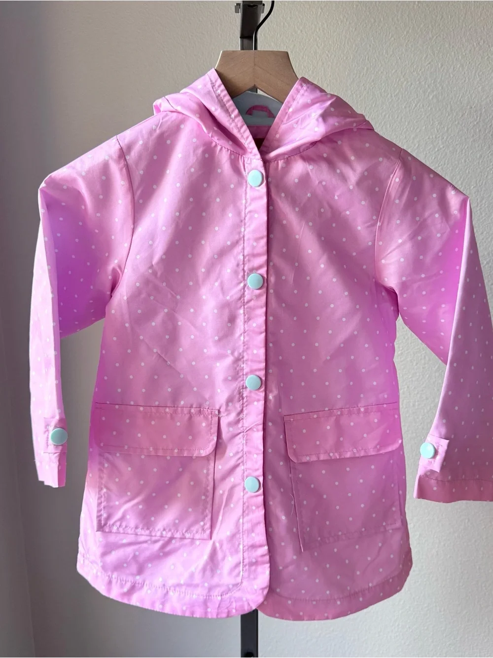 London Fog girls pink polka dot rain jacket with cat face/ears hood size 5/6